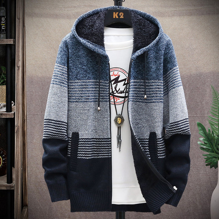 Men's sporty hoodie with warm lining and fashionable stripe pattern Lisslune