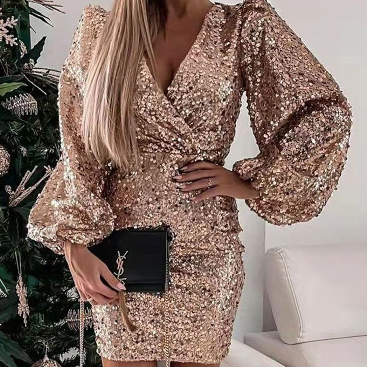 Women Glittering Minidress with Balloon Sleeves and Wrap Look