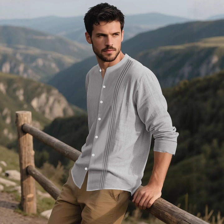 Men's fashionable long-sleeve shirt with textured surface and innovative stand-up collar Lisslune