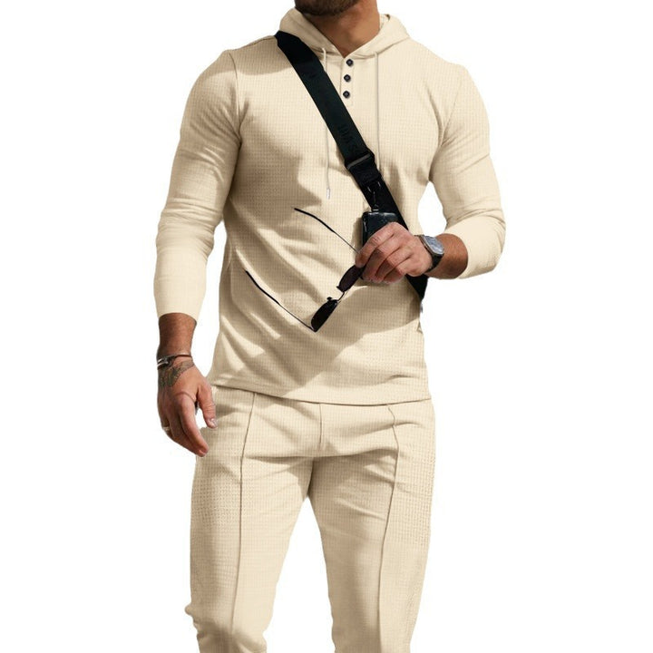 Men's Sporty Long Sleeve Hoodie with Button Placket and Textured Design Lisslune