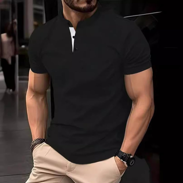 Men's stylish short-sleeve shirt with modern stand-up collar and decorative buttons Lisslune