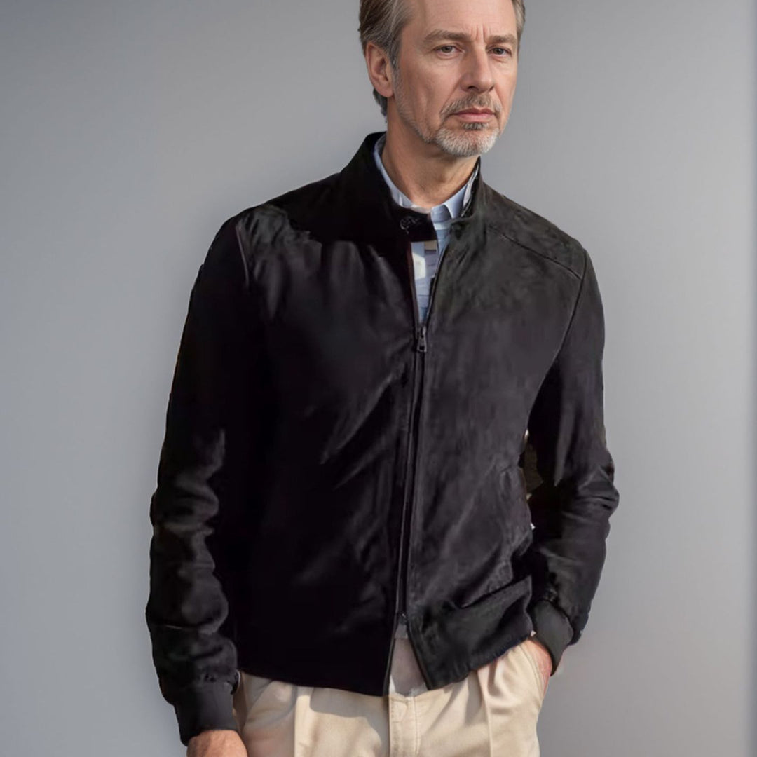 Men's casual suede jacket with stand-up collar and side zip pockets Lisslune
