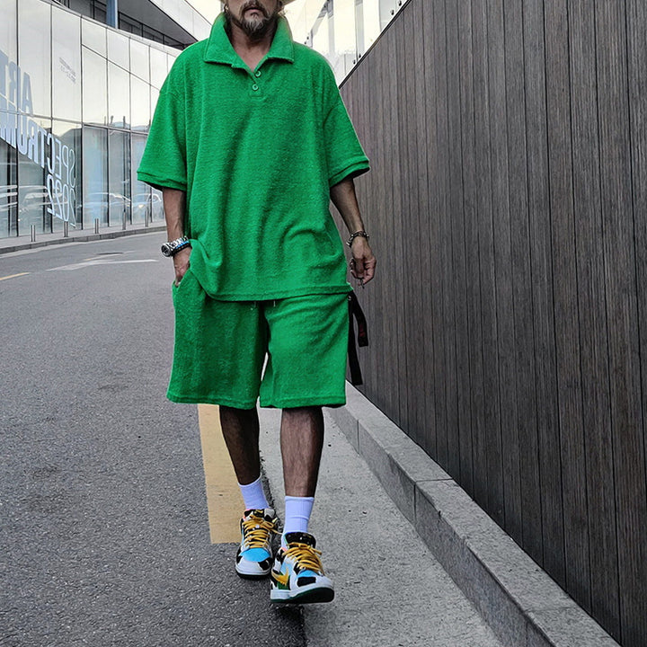 Men's casual oversized t-shirt and shorts combination with button placket and practical pockets Lisslune