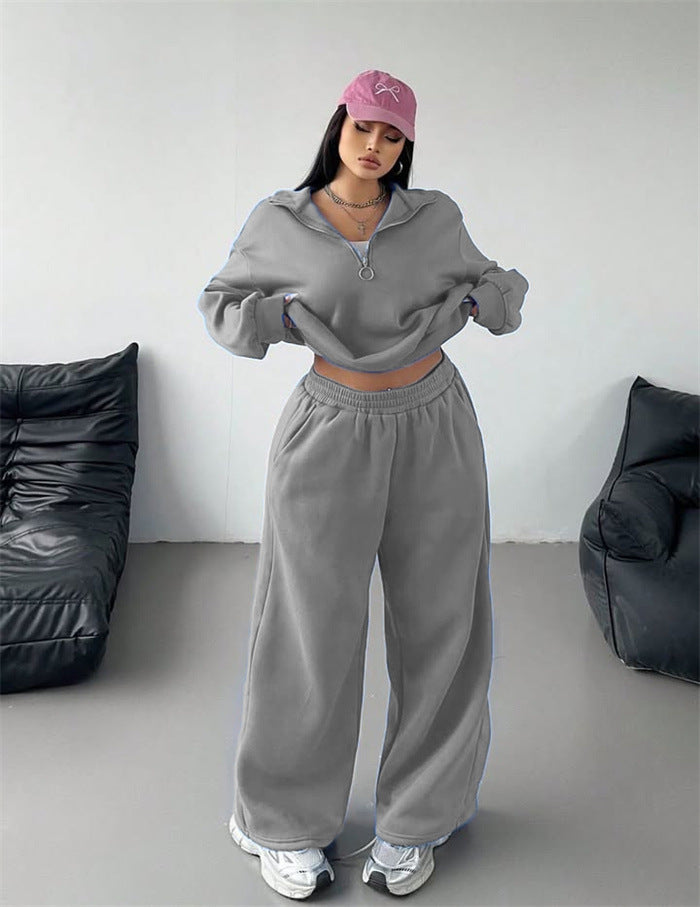 Women's sporty fleece loungewear set with high collar and loose fit Lisslune