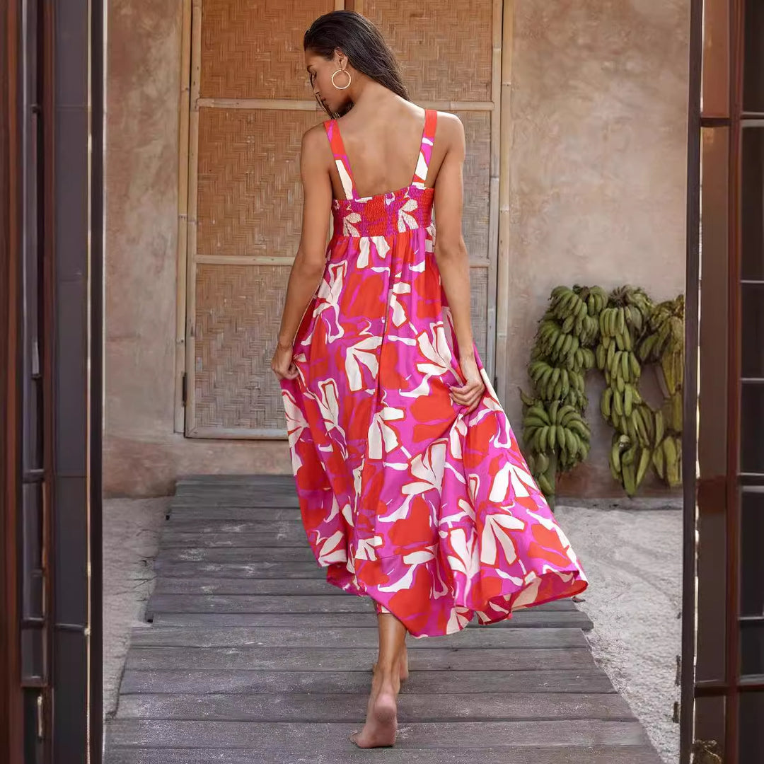 Women's maxi dress with vibrant floral design and flared skirt