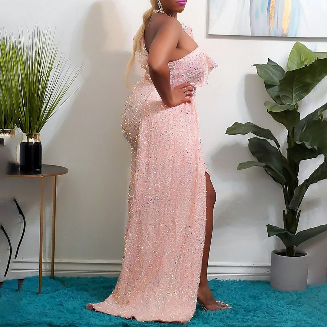 Women's Sparkling Evening Dress with Asymmetrical Design and Flowing Skirt