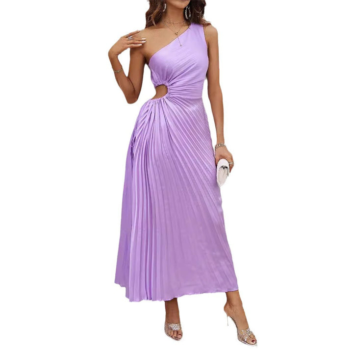 Women's Long Wrap Dress with Asymmetric Neckline and Pleated Design