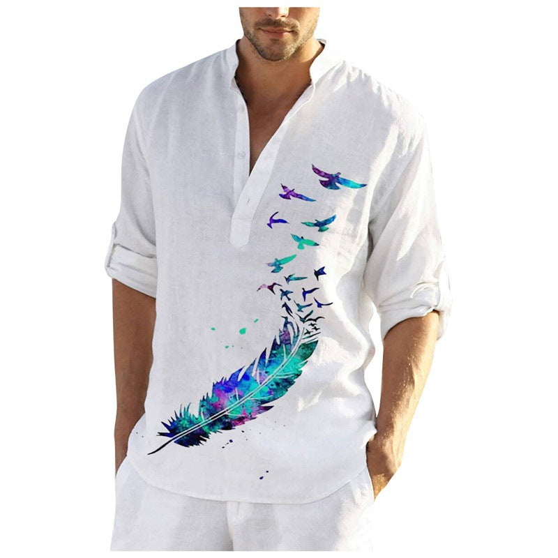 Men's linen shirt with unique feather design and button-down collar Lisslune