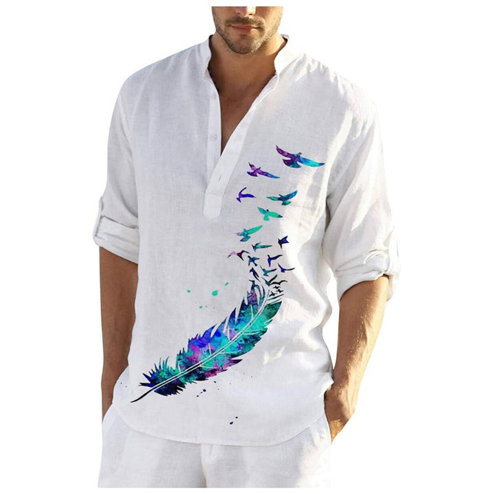 Men's linen shirt with unique feather design and button-down collar Lisslune