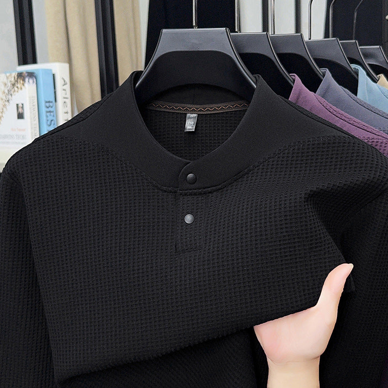 Men's Long Sleeve Shirt with Textured Design and Stand-up Collar Lisslune