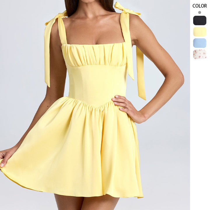 Women's Playful Short Dress with Delicate Bow Straps and Gathered Skirt