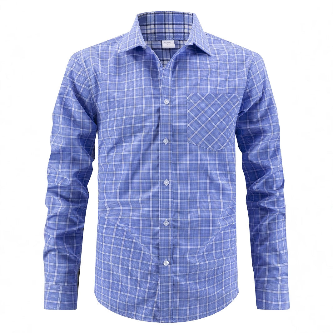 Men's Modern Long Sleeve Shirt with Classic Check Pattern and Chest Pocket Lisslune