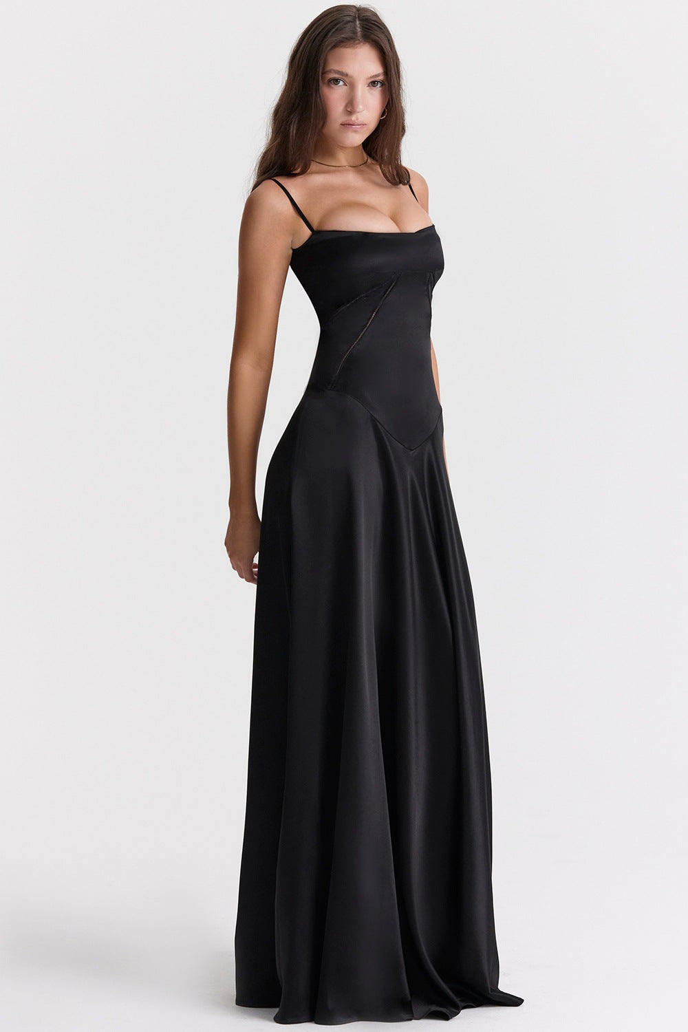 Women's Elegant Maxi Dress with Slim Spaghetti Straps and Flowing Satin Fall Lisslune
