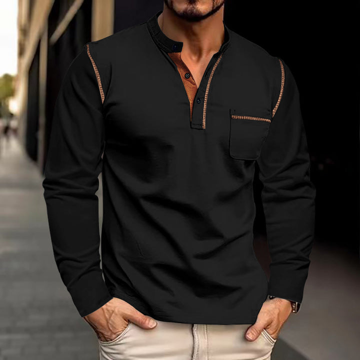 Men's casual long-sleeve blouse with innovative button closure and trendy fabric mix Lisslune