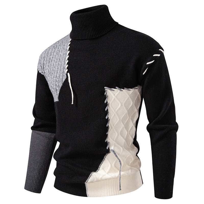 Men's turtleneck sweater with geometric cable pattern and contrasting accents Lisslune