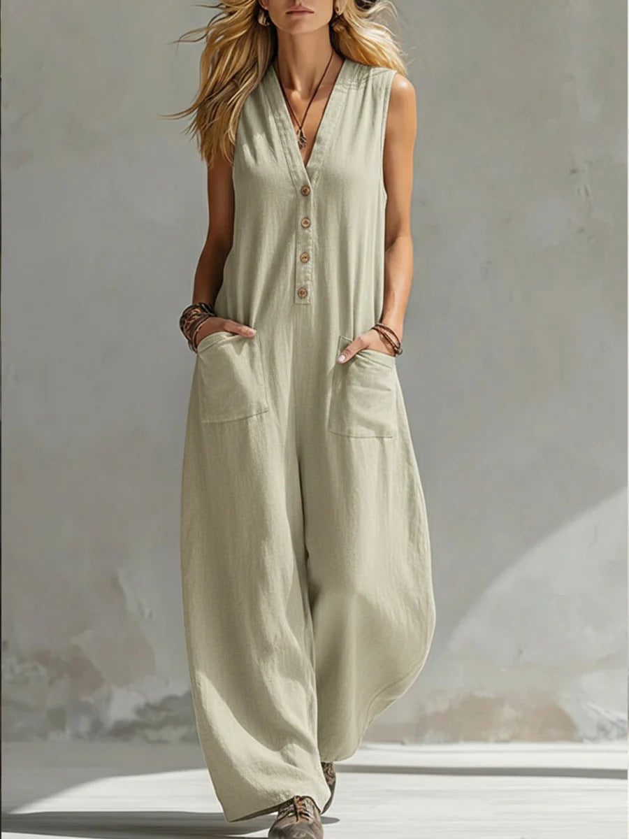 Damen Jumpsuit mit tiefem V-Ausschnitt und praktischen Taschen Lisslune