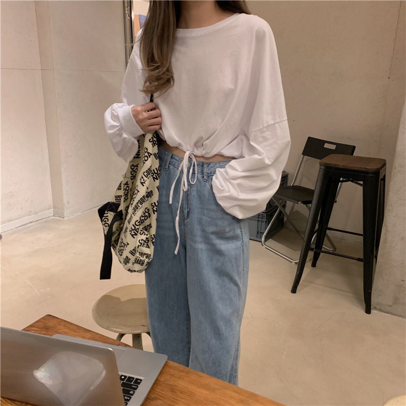 Women Cropped Sweatshirt with innovative drawstring and oversized sleeves Lisslune