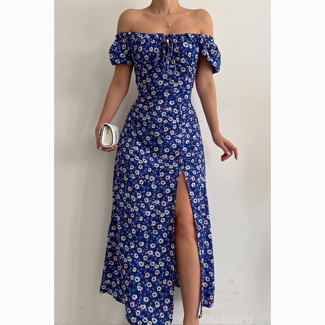 Women's Off-Shoulder Maxi Dress with Floral Design and Elegant Slit Lune London