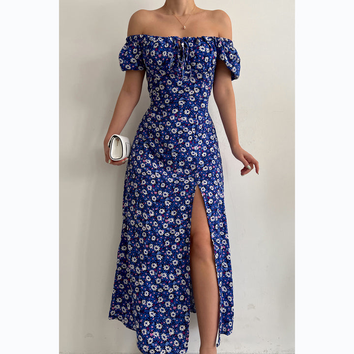 Women's Off-Shoulder Maxi Dress with Floral Design and Elegant Slit Lune London