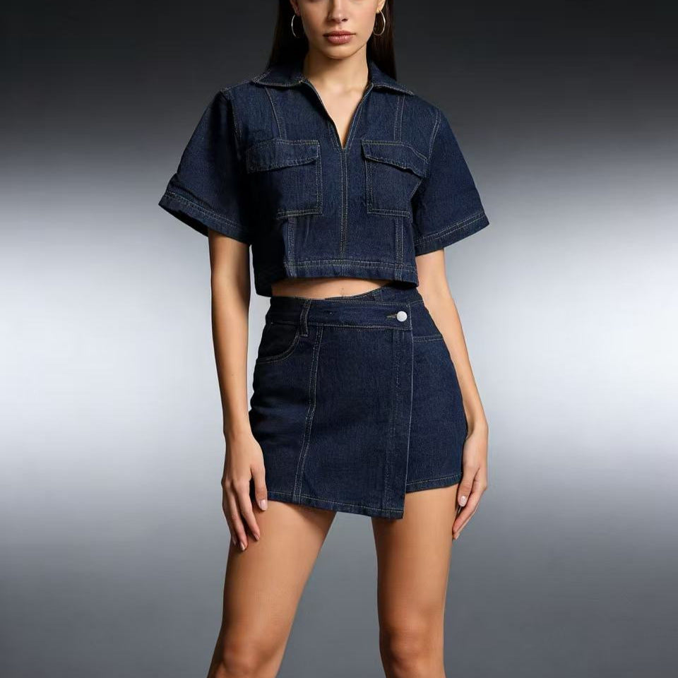 Women's fashionable cropped shirt with patch pockets and casual shorts Lisslune