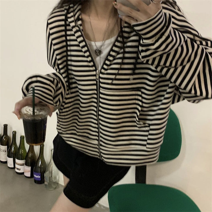 Women's striped zip hoodie with a casual cut and deep collar