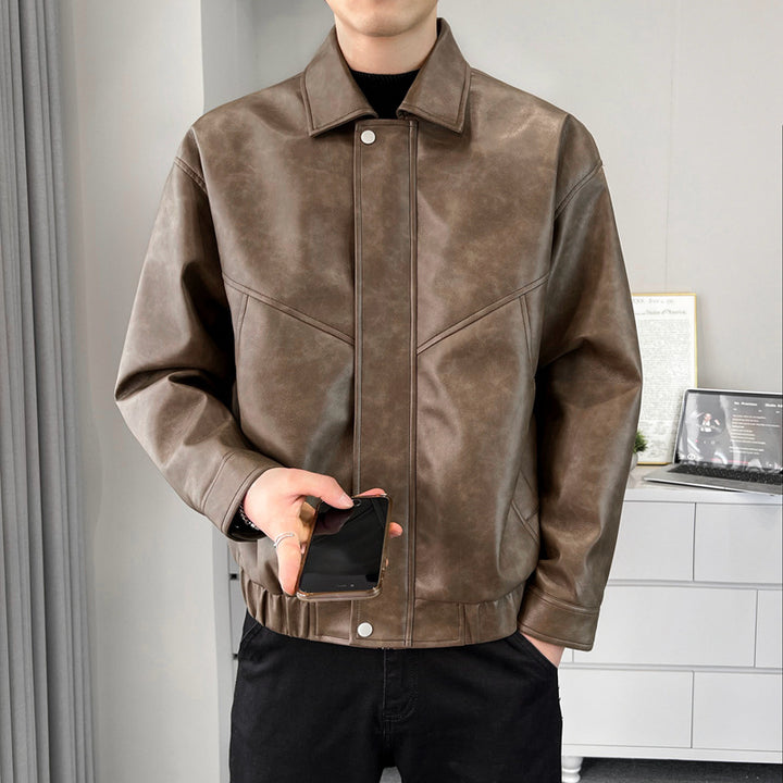 Men's casual synthetic leather jacket with modern cut and practical pockets Lisslune