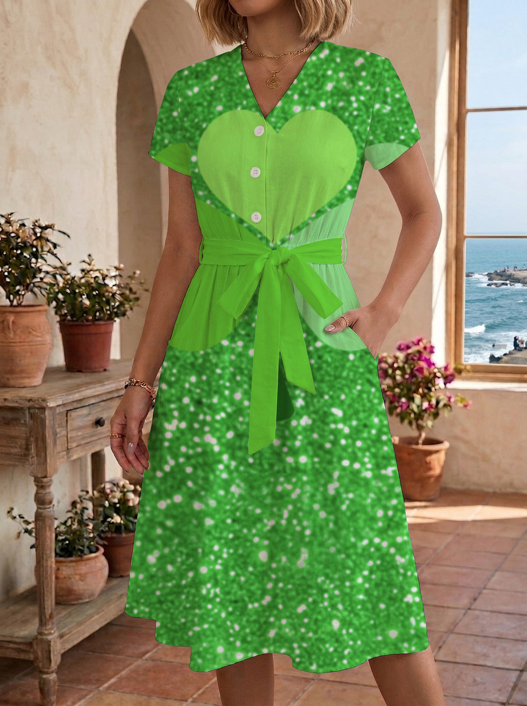 Women's Blooming Midi Dress with Adjustable Belt and Artistic Print Lisslune