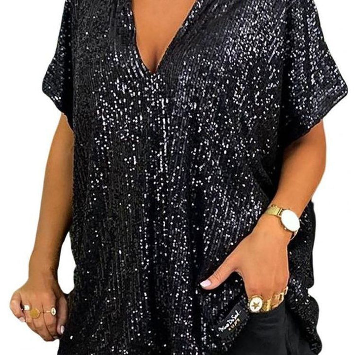 Women Sparkling Sequin Top with Casual Cut and V-Neck Lisslune