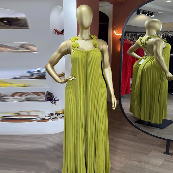 Damen Elegantes Maxikleid mit lässigem Faltenwurf und dekorativen Schulterblüten Lisslune