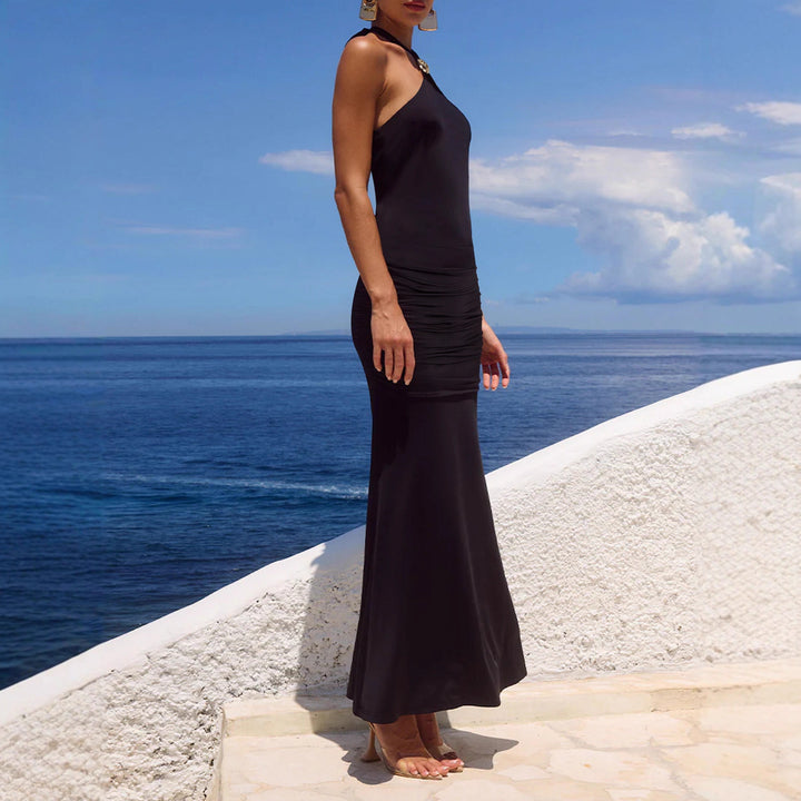 Damen Elegantes Maxi-Kleid mit sphärischem Halterneck und raffinierter Raffung Lisslune
