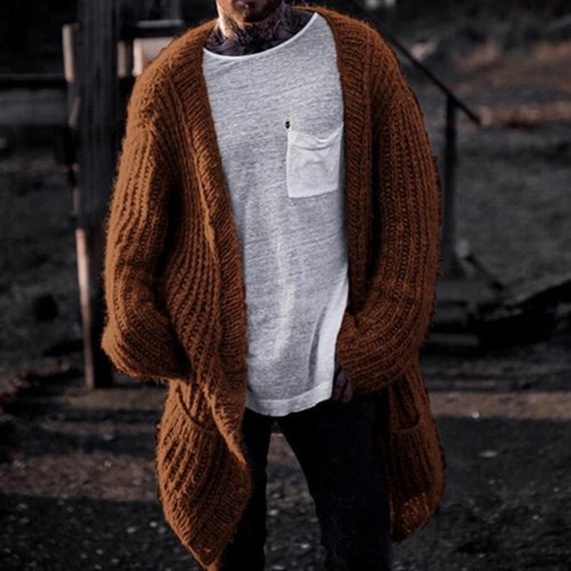 Men's Large Knit Cardigan with Deep Cut and Structured Design Lisslune