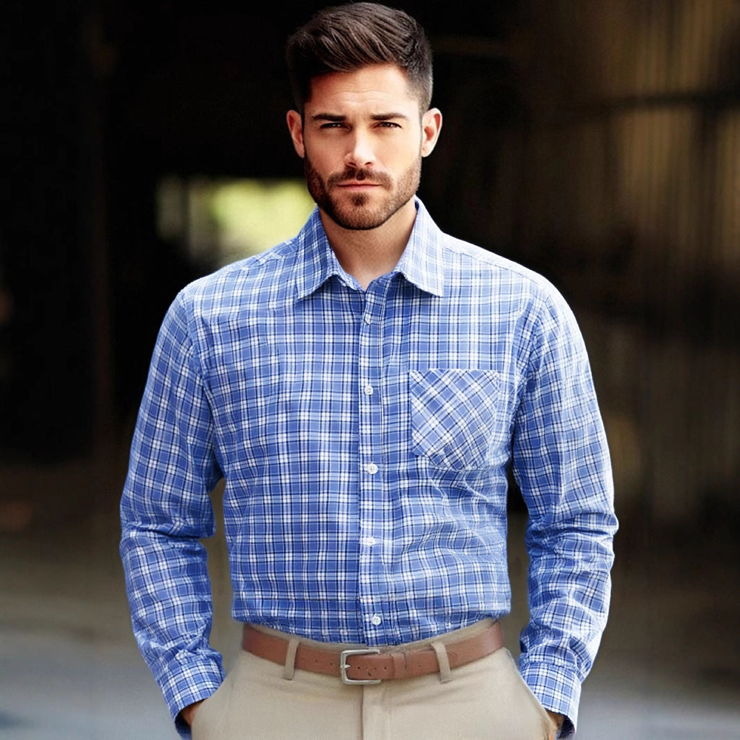 Men's fashionable long-sleeve shirt with checked pattern and chest pocket Lisslune