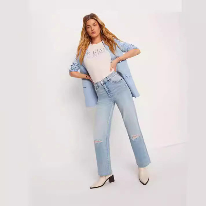 Ladies High-Waist Jeans with frayed hem and trendy rip details Lisslune