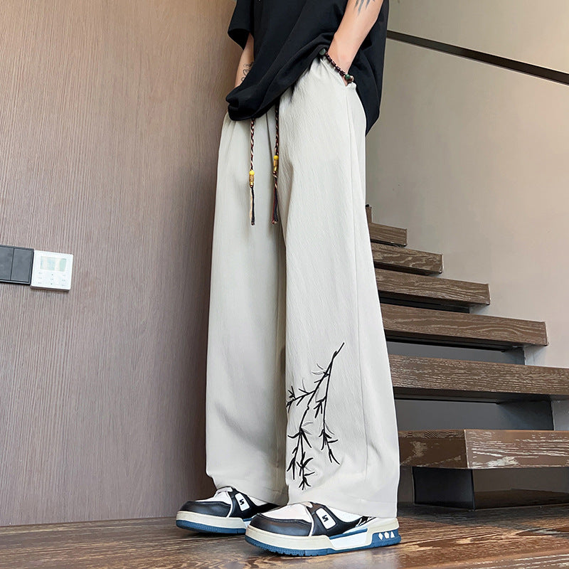 Men's Casual Wide-Leg Pants with Artistic Embroidery Design Lisslune