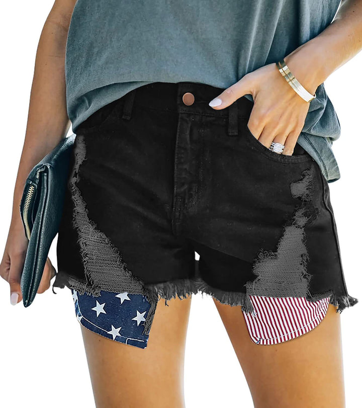 Women's Destroyed Denim Shorts with Creative Patch Details Lisslune