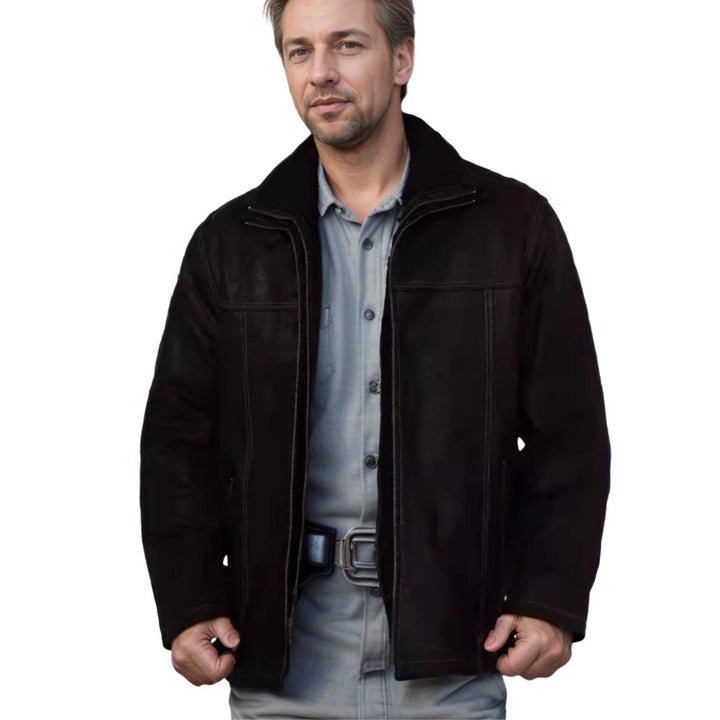 Men's Lambskin Jacket with Wide Collar and Practical Pockets Lisslune