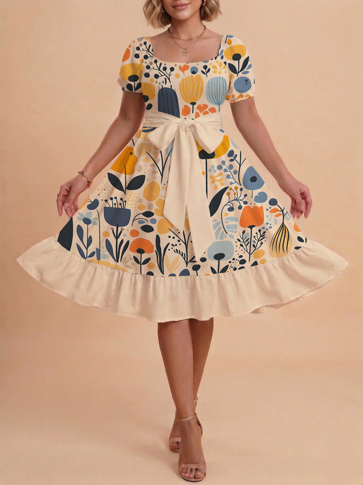 Women's Midi Dress with Elegant Floral Print and Fitted Belt Lisslune