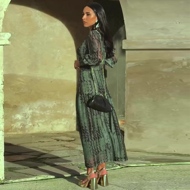 Ladies midi dress with sophisticated pleats and V-neck