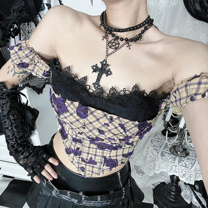 Ladies corset top with floral lace trim and removable straps