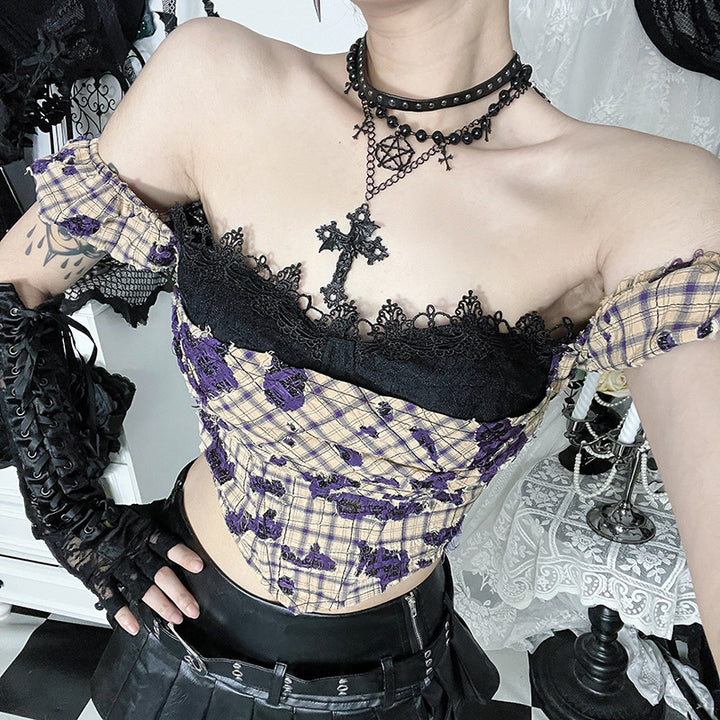 Ladies corset top with floral lace trim and removable straps