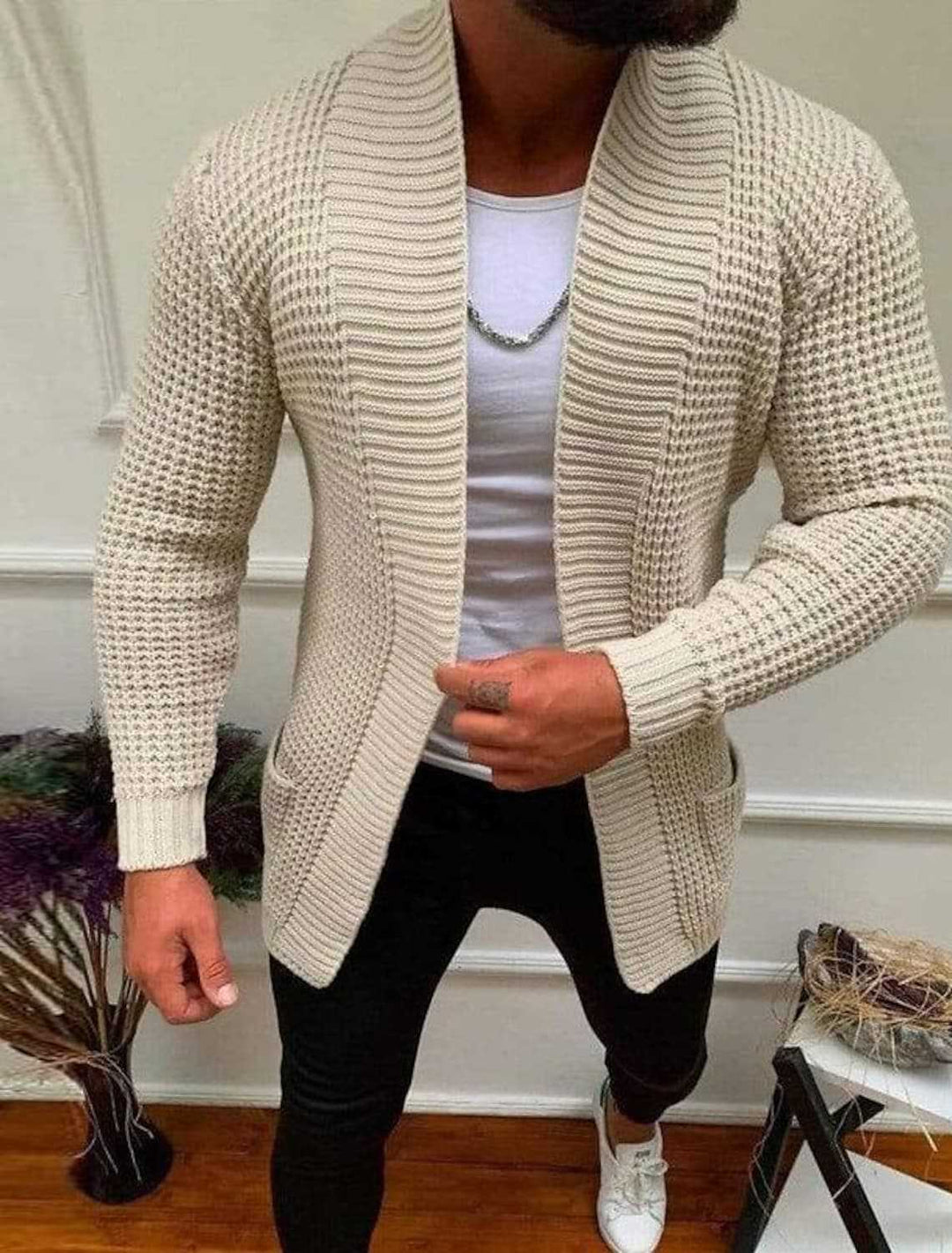 Men's cardigan with deep collar and textured design Lisslune