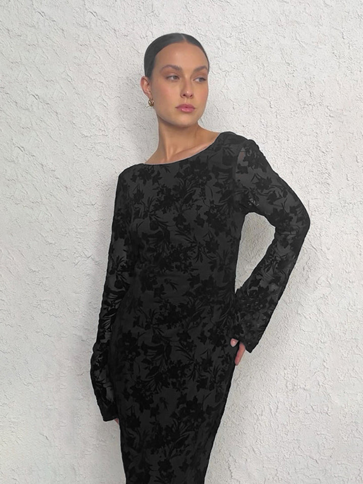 Women's Elegant Long Sleeve Dress with Floral Patterns and Figure-Hugging Silhouette