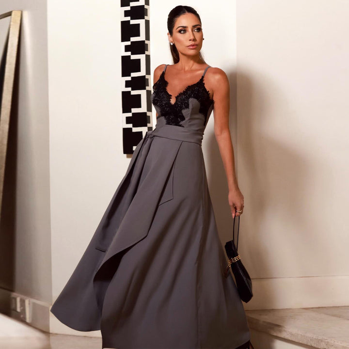 Women's Maxi Dress with Lace Trim and Side Slit Lisslune