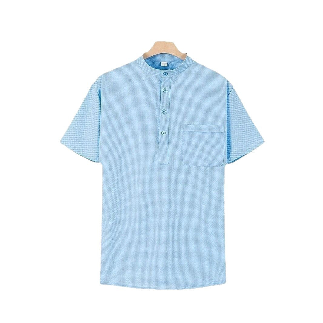 Men's Short Sleeve Shirt with Modern Stand Collar and Subtle Texture Lisslune