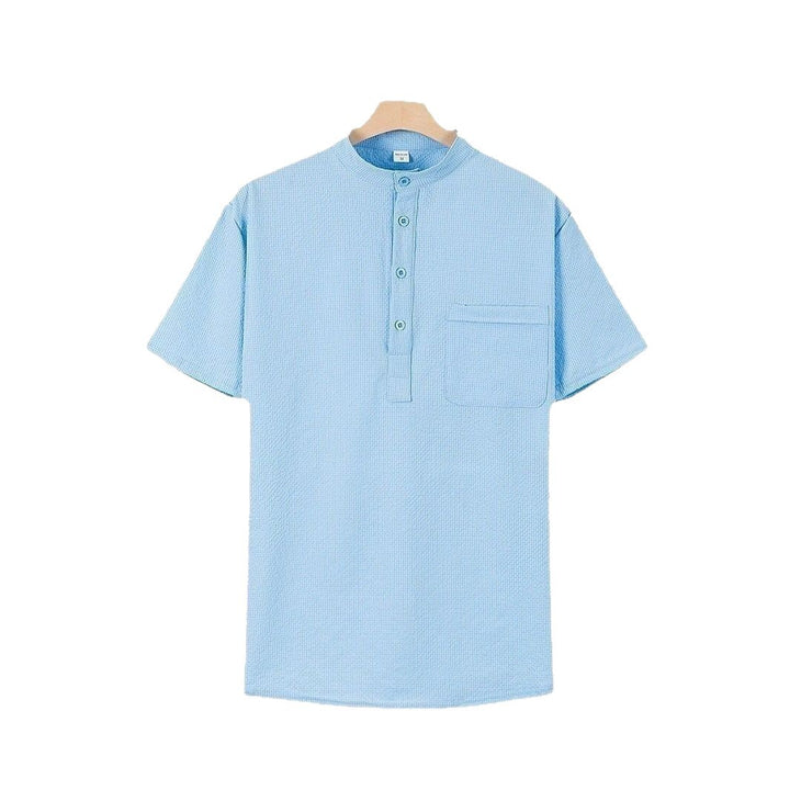 Men's Short Sleeve Shirt with Modern Stand Collar and Subtle Texture Lisslune