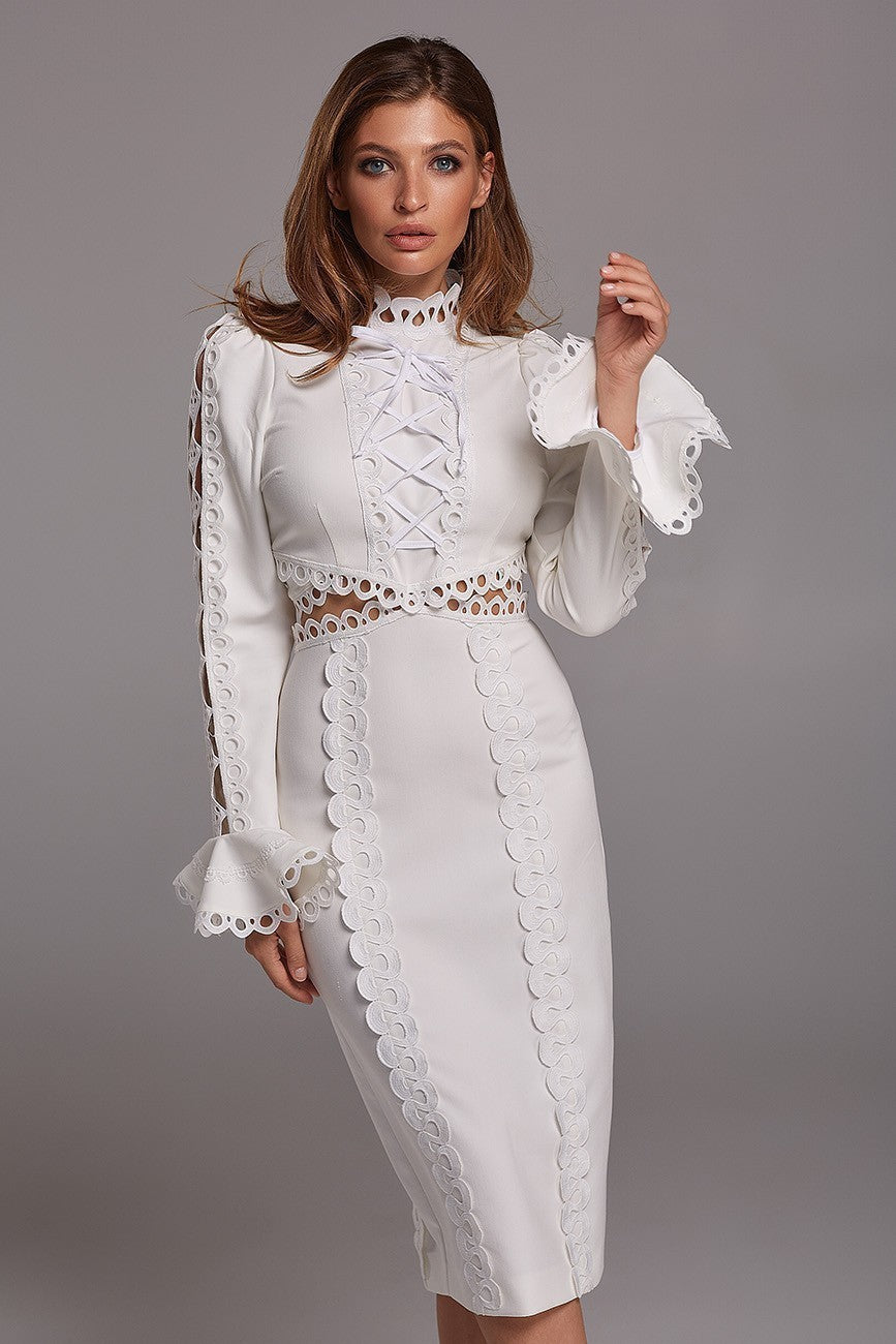 Ladies Elegant Maxi Dress with Lace Appliqués and Peplum Lisslune