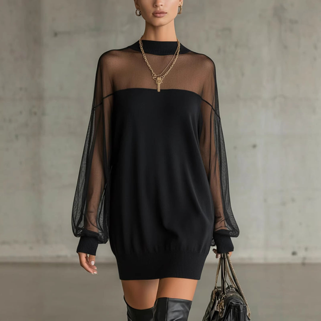 Women's Airy Mini Dress with Transparent Sleeve Parts and Stylish High Neck Lisslune