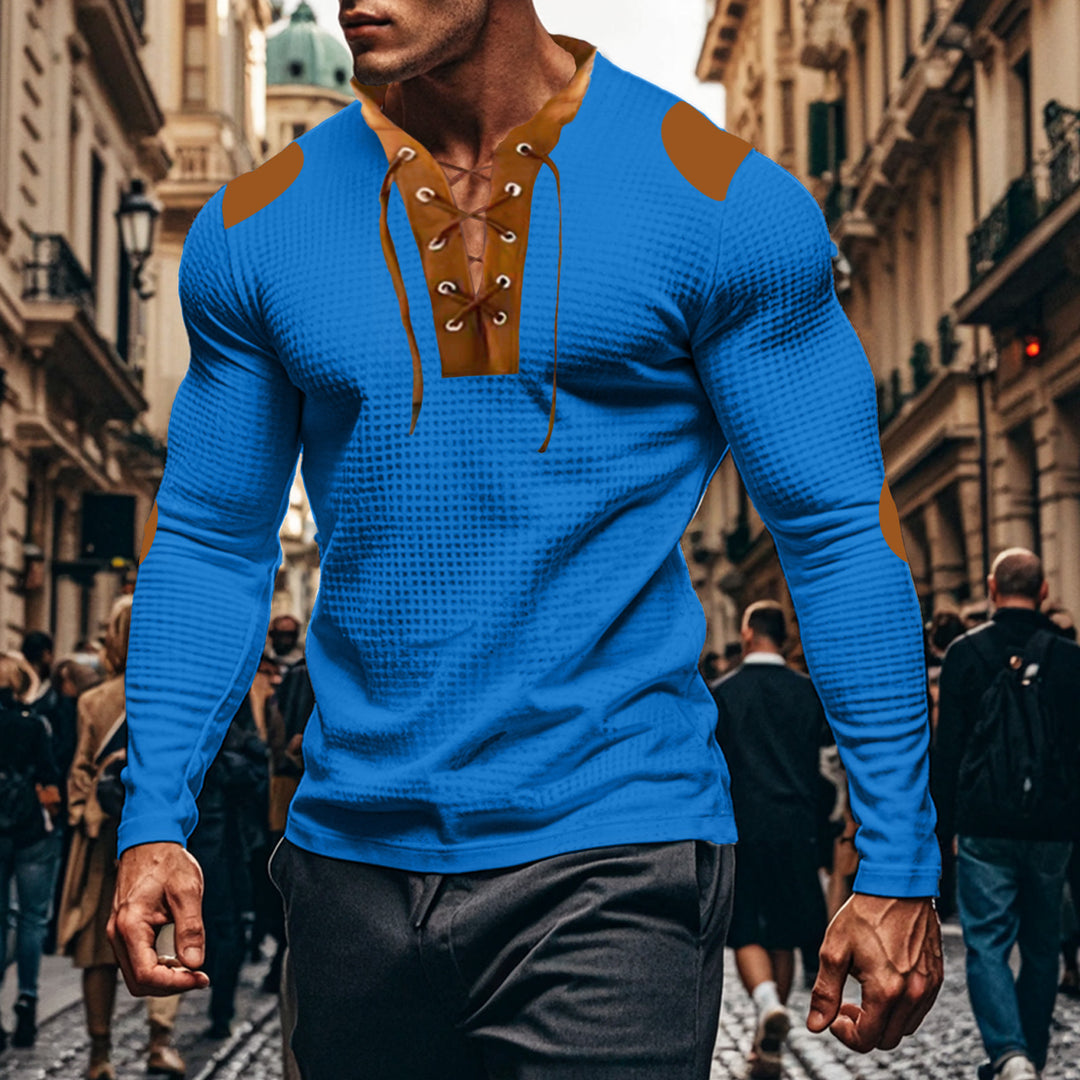 Men's long-sleeve Henley shirt with decorative lacing design Lisslune