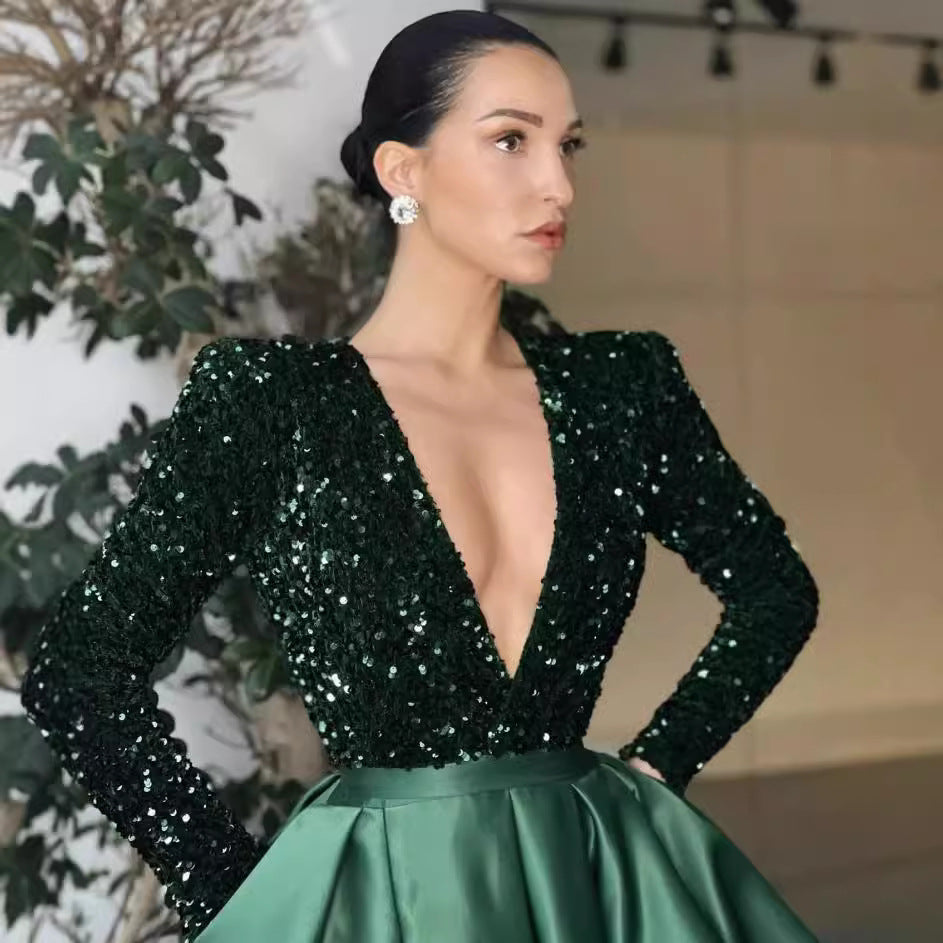 Women's Glamorous Evening Dress with Deep V-Neck and High-Cut Skirt Lisslune