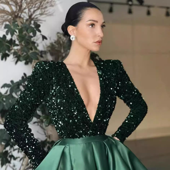 Women's Glamorous Evening Dress with Deep V-Neck and High-Cut Skirt Lisslune